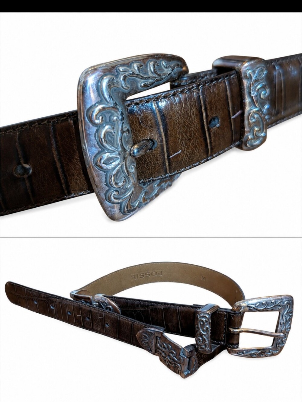 Fossil Brown Croco Embossed Leather Belt Silver wesyern Boho Hardware NWT Sz M